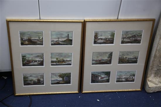 A set of twelve 19th century Chinese gouache on pith paper paintings, 9 x 14cm, framed as two